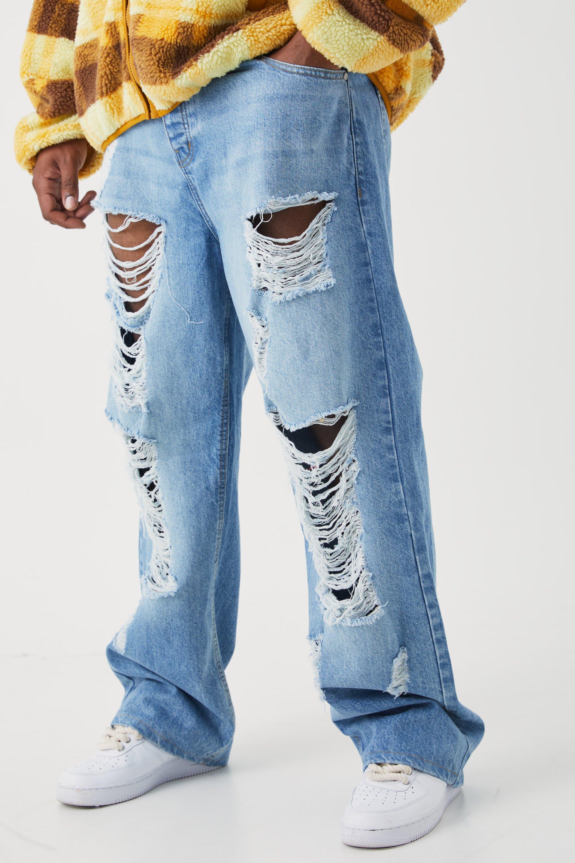 Plus Relaxed Rigid Extreme Ripped Jeans | boohooMAN USA